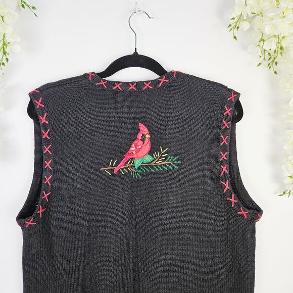 Vintage Bobbie Brooks Christmas Sweater Vest Embroidered Cardinals Large Holiday - Picture 7 of 11